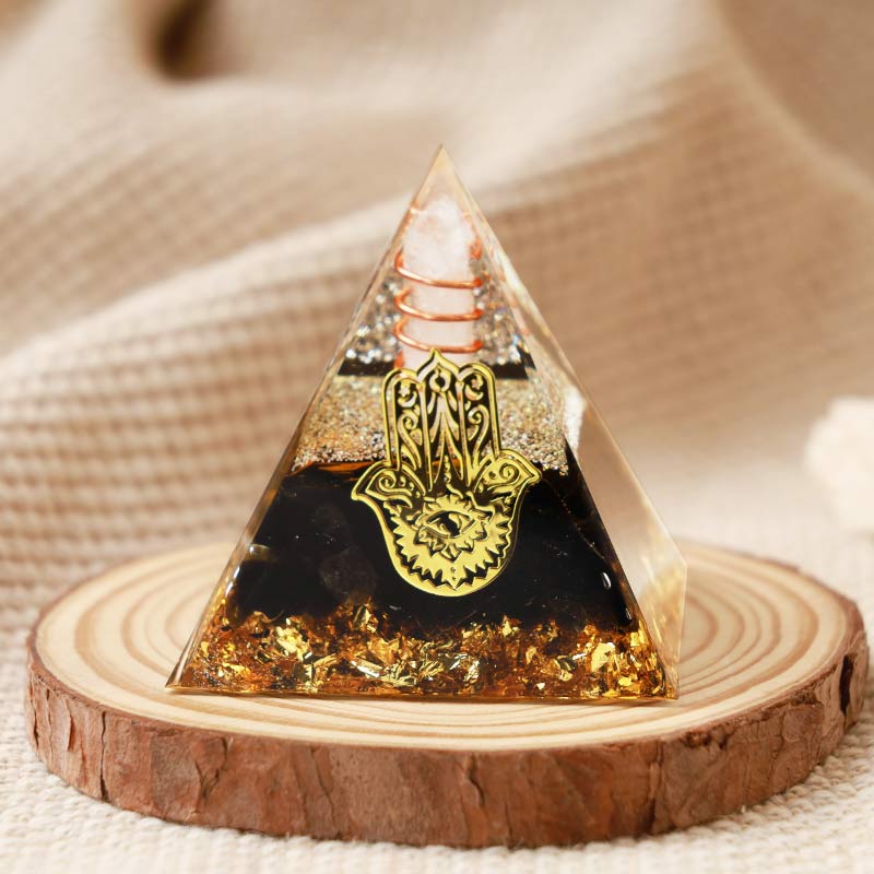 Olivenorma Clear Crystal With Obsidian Hamsa Orgone Pyramid - 10*10cm - YES PLEASE $8 - image 0