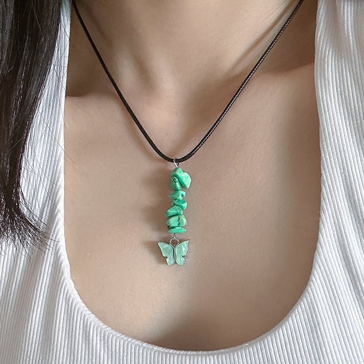 Olivenorma Natural Stone Butterfly Tassel Leather Wax Thread Necklace - Green Turquoise - image 1
