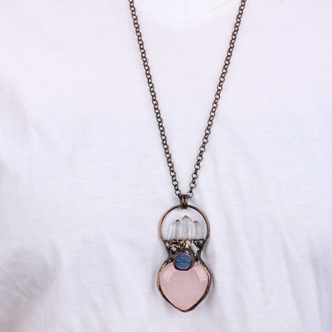 Olivenorma Natural Heart Rose Quartz Irregular Sweater Chain Necklace - image 1