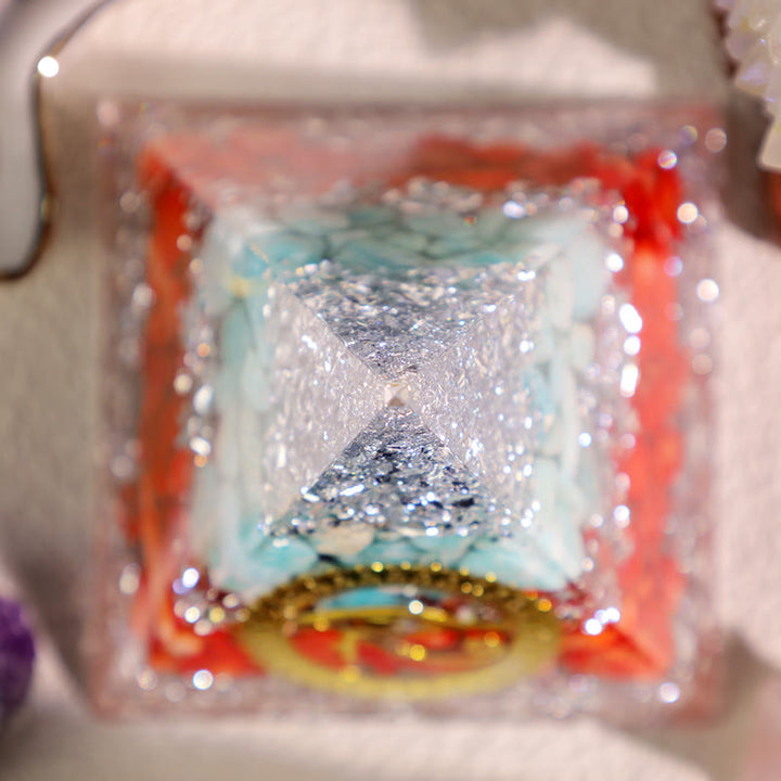 Olivenorma Amazonite Red Coral Eye Of Horus Orgone Pyramid - image 3