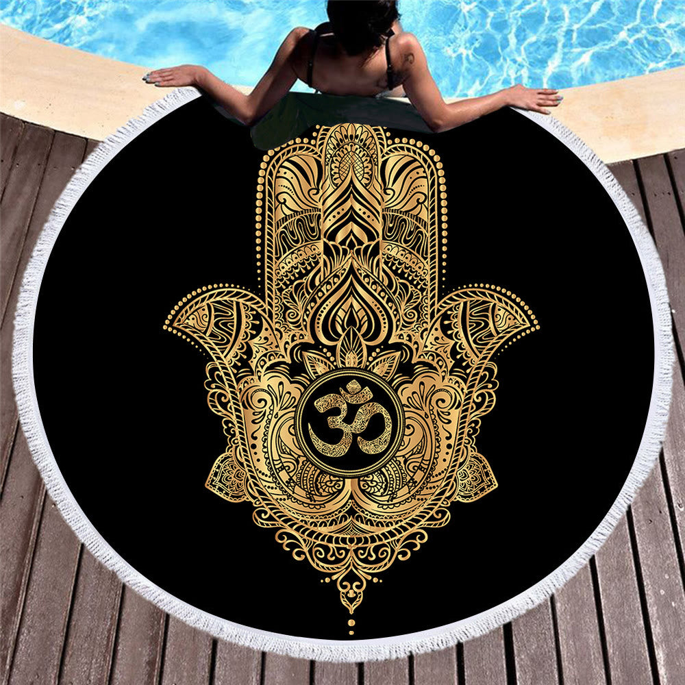 Olivenorma Hamsa Print Round Beach Towel Tapestry - Hamsa & OM - 39.37"*27.55"(150*150cm) - image 1