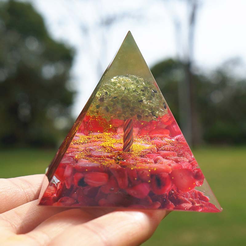 Olivenorma Peridot With Red Coral Tree Of Life Orgone Pyramid - 10*10cm - YES PLEASE $8 - image 0