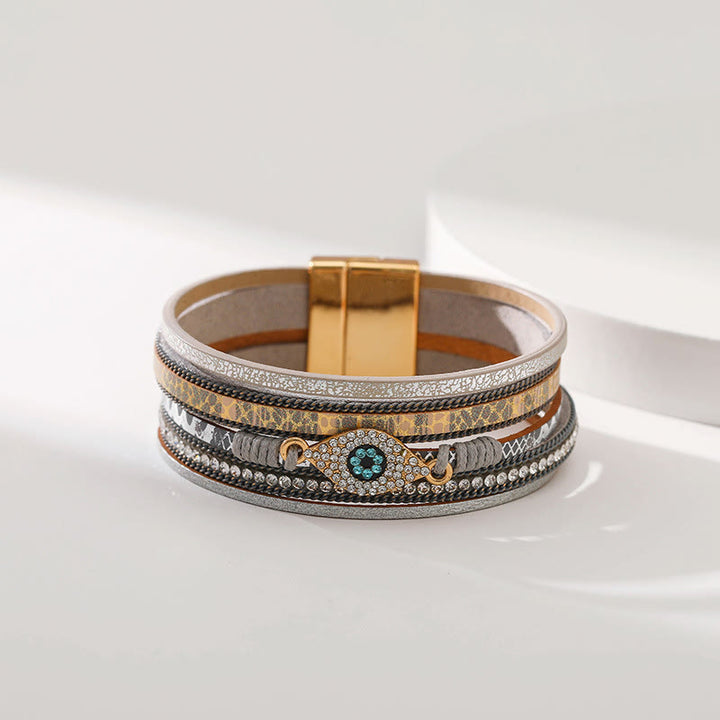 Olivenorma Zircon Evil Eye Faux Leopard Leather Pattern Bracelet - Silver Gray&Evil Eye - image 12
