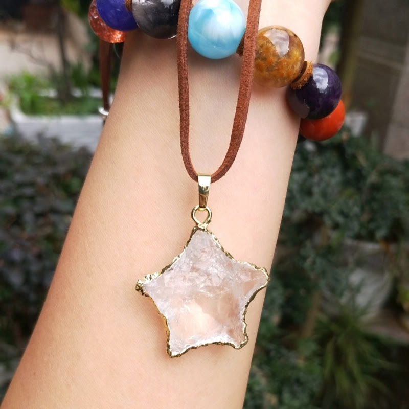 Olivenorma Natural White Crystal Square Star Bound Pendant - Star Gold Edging - image 2