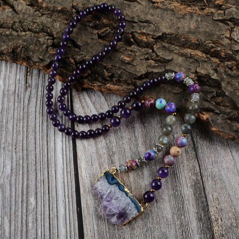 Olivenorma Rainbow Fluorite Amethyst Emperor Labradorite Mala Beaded Necklace - image 5