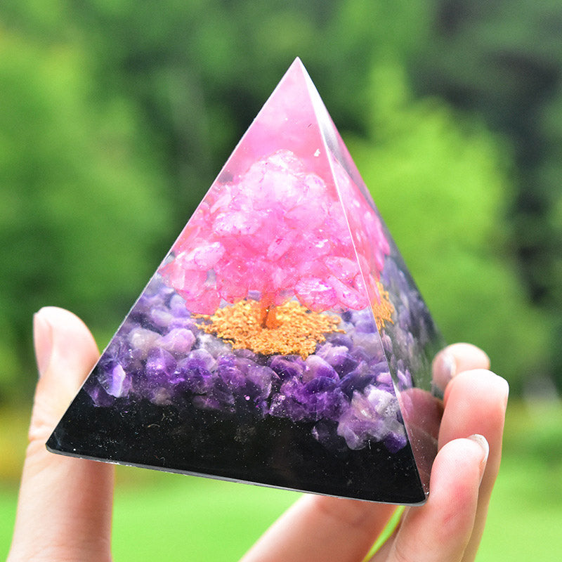 Olivenorma Tree of Life Amethyst Obsidian with Pink Crystal Orgone Pyramid - image 4