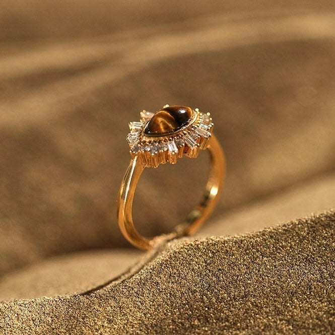 Olivenorma Natural Tiger Eye Vintage 18K Gold Ring - image 4