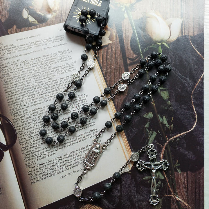 Olivenorma Lava Stone Catholic Cross Pendant Rosary Necklace - Lava Stone&Cross - image 0