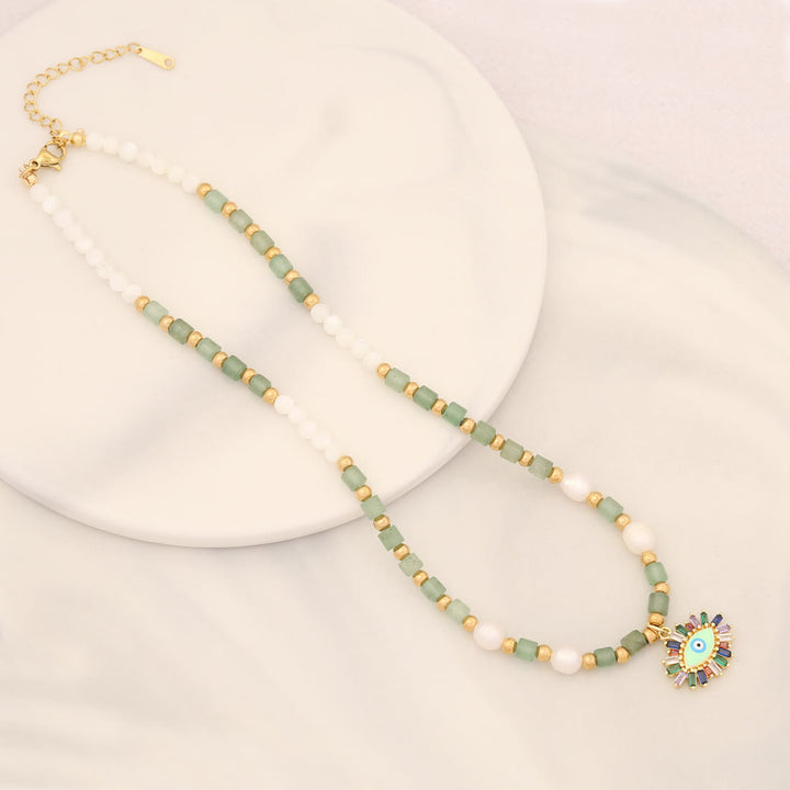 Olivenorma Natural Pearl Crystal Stone Evil Eye Pendant Necklace - Pearl&Green Aventurine - image 11