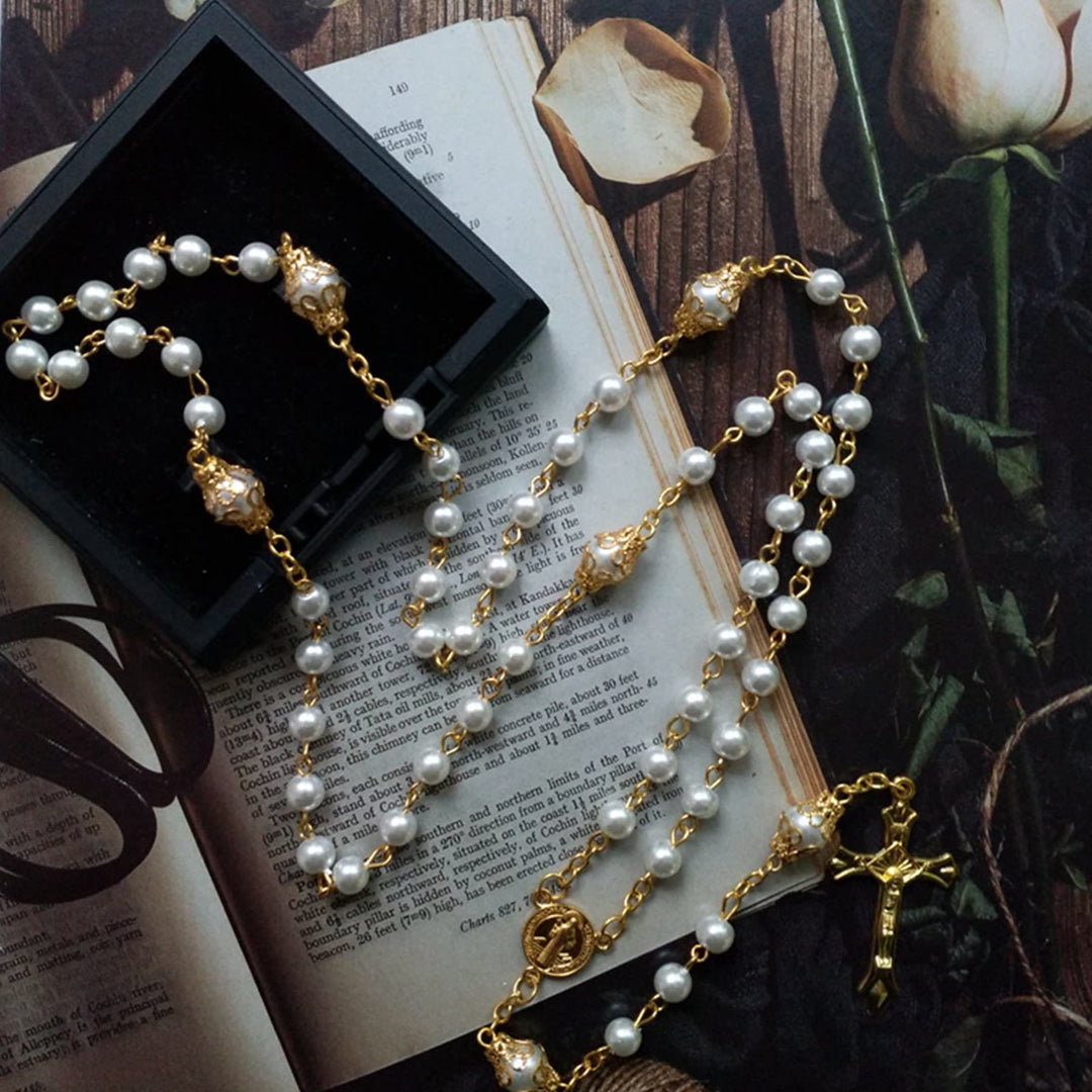 Olivenorma Faux Pearl Cross Pendant Rosary Beads Necklace - image 1