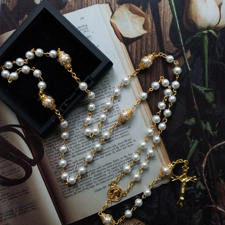 Olivenorma Faux Pearl Cross Pendant Rosary Beads Necklace - image 1