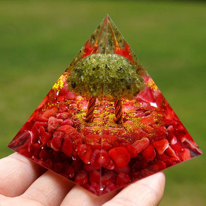 Olivenorma Peridot With Red Coral Tree Of Life Orgone Pyramid - image 1