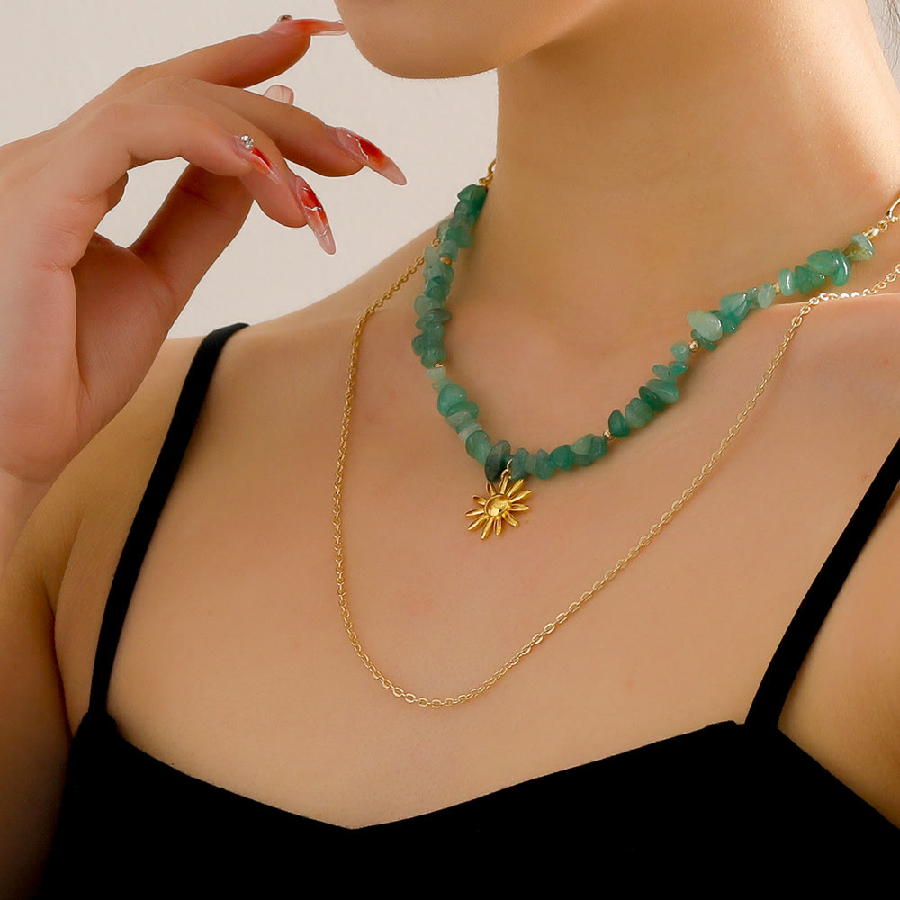 Olivenorma Natural Amazonite Sun Pendant Double Layer Necklace - image 1