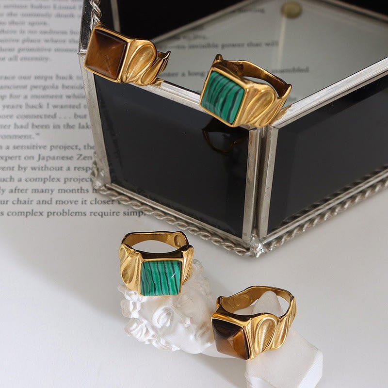 Olivenorma Square Malachite Tiger Eye Gold Titanium Steel Ring - image 0