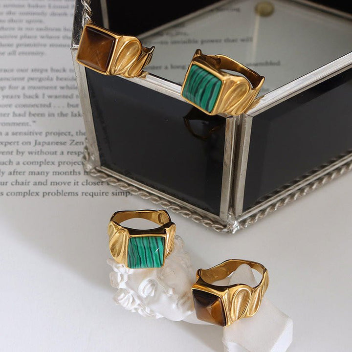 Olivenorma Square Malachite Tiger Eye Gold Titanium Steel Ring - image 0