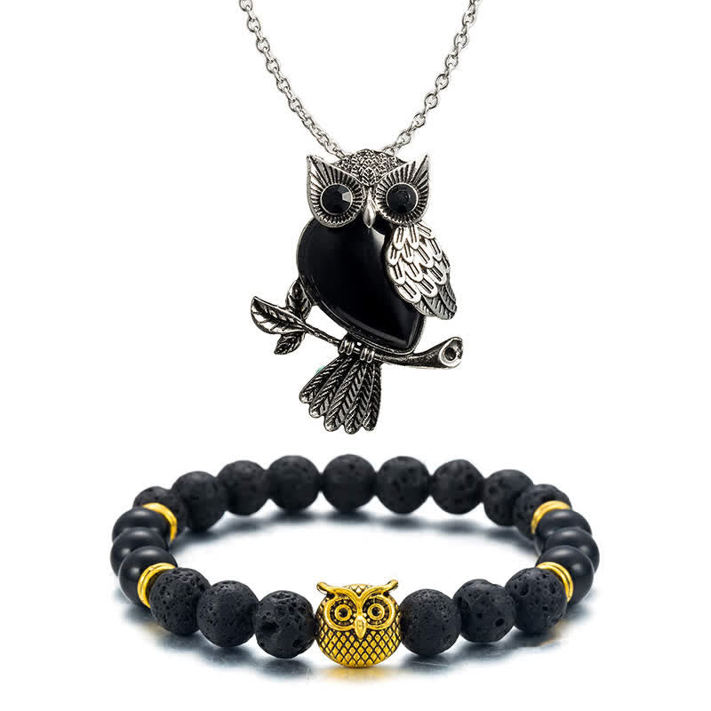 SPIRITUAL ENERGY - Owl Gemstone Necklace with Bracelet Gift Set - Black Onyx - Silver Chain - image 7