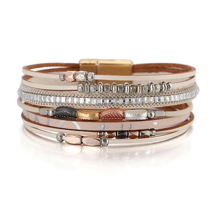 Olivenorma Hematite White Zircon Leaf Tiered Leather Bracelet - Apricot - image 15