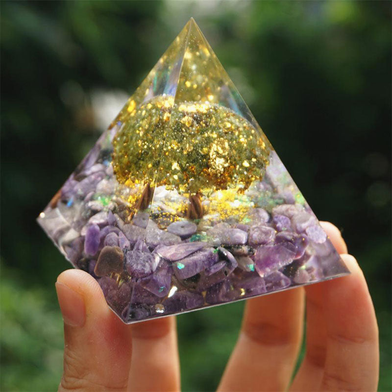 Olivenorma Tree of Life Peridot With Charoite Orgone Pyramid - image 1