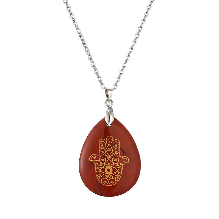 Olivenorma Natural Drop Shape Crystal Hamsa Pendant Necklace - Red Jasper - Silver Chain - image 13