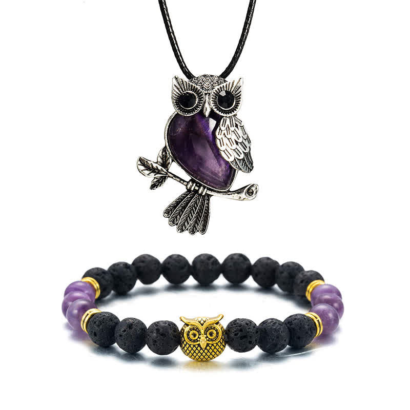 SPIRITUAL ENERGY - Owl Gemstone Necklace with Bracelet Gift Set - Amethyst - Leather Chain - image 0