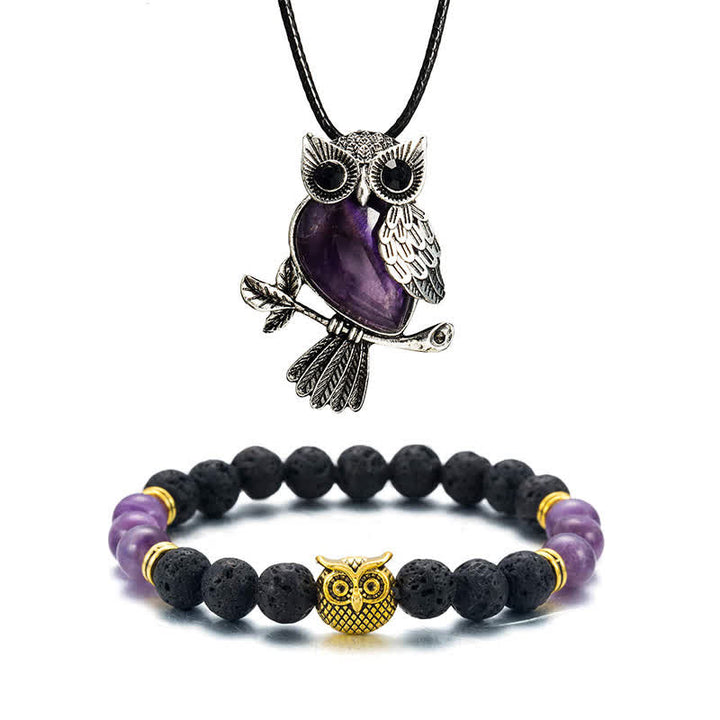 SPIRITUAL ENERGY - Owl Gemstone Necklace with Bracelet Gift Set - Amethyst - Leather Chain - image 0