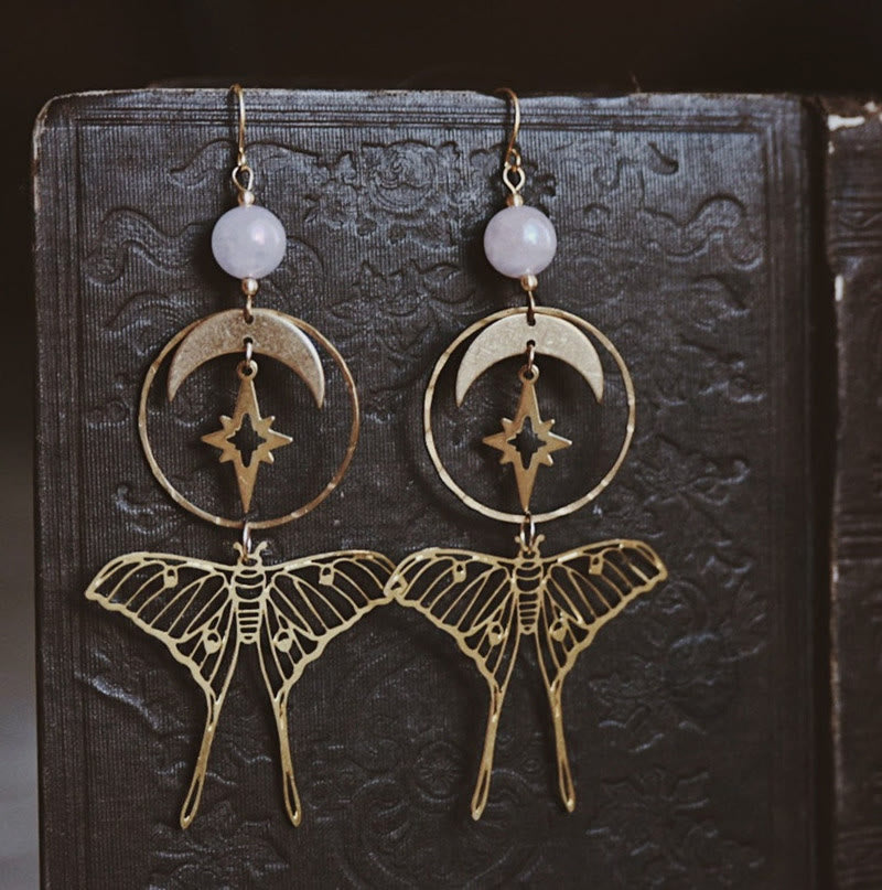 Olivenorma Natural Rose Quartz Star and Moon Moth Earrings - image 1