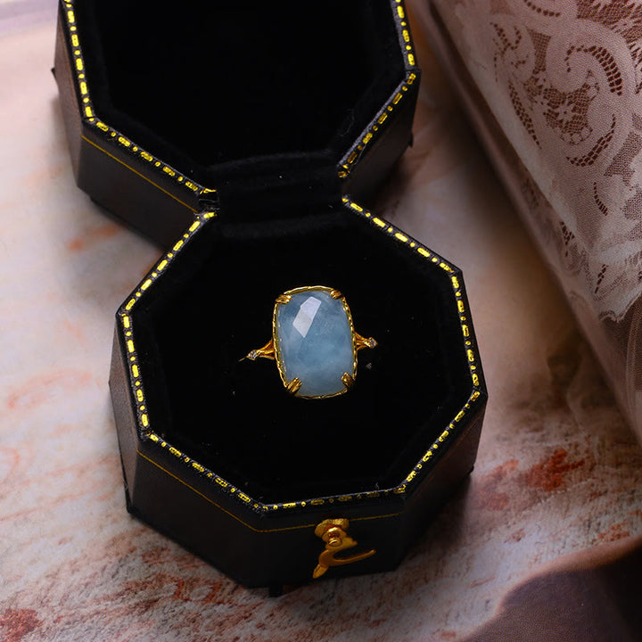 Olivenorma Large Square Aquamarine Black Onyx Vintage Ring - image 5