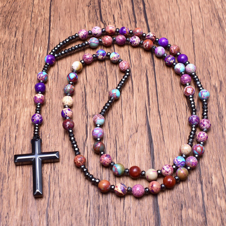 Olivenorma Natural Stone Cross Pandant Rosary Necklace - image 1