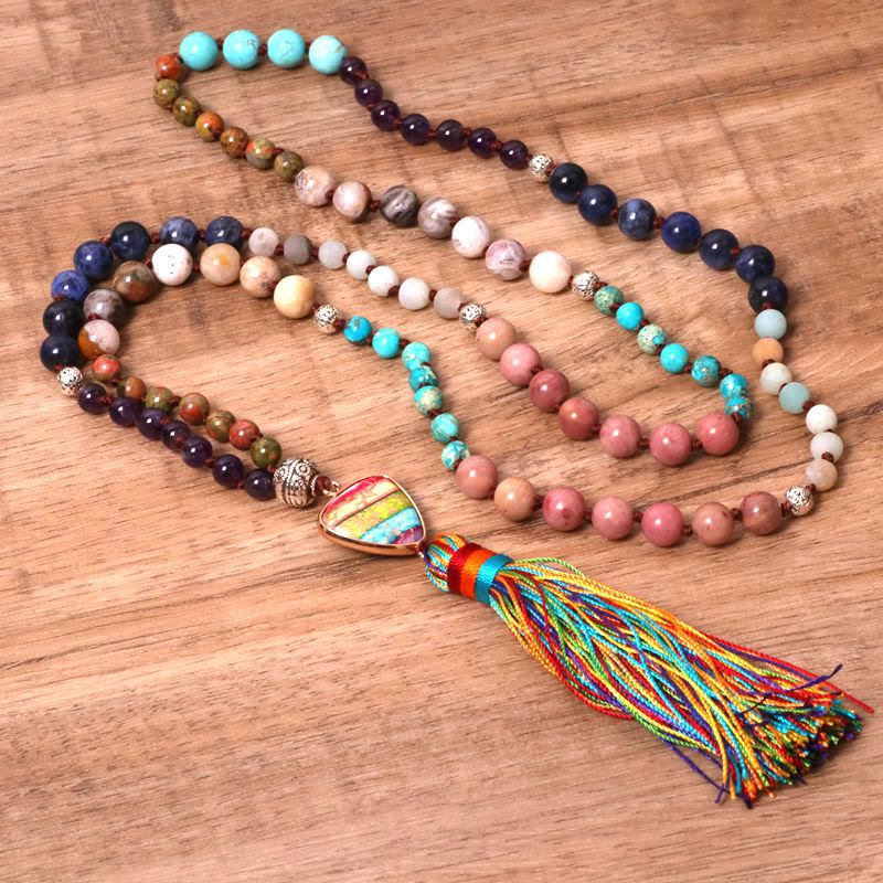Olivenorma Gorgeous Natural Stones Chakra Triangle Pendant Mala Necklace - image 9