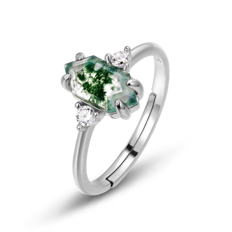Olivenorma Hexagonal Moss Agate White Zircon S925 Adjustable Ring - Silver - image 0