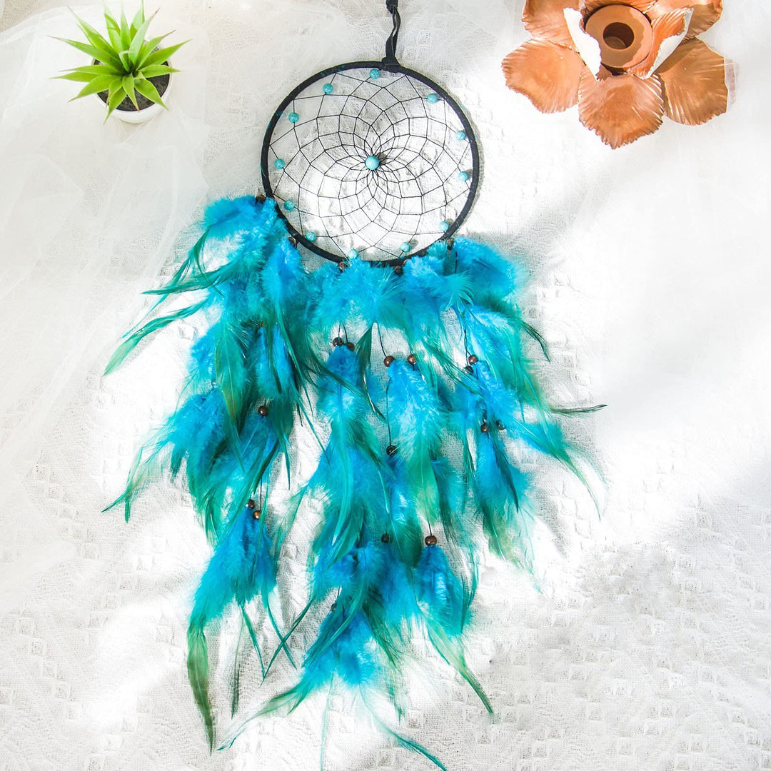Olivenorma Turquoise Beaded Braided Floral Blue Feather Dream Catcher - image 2