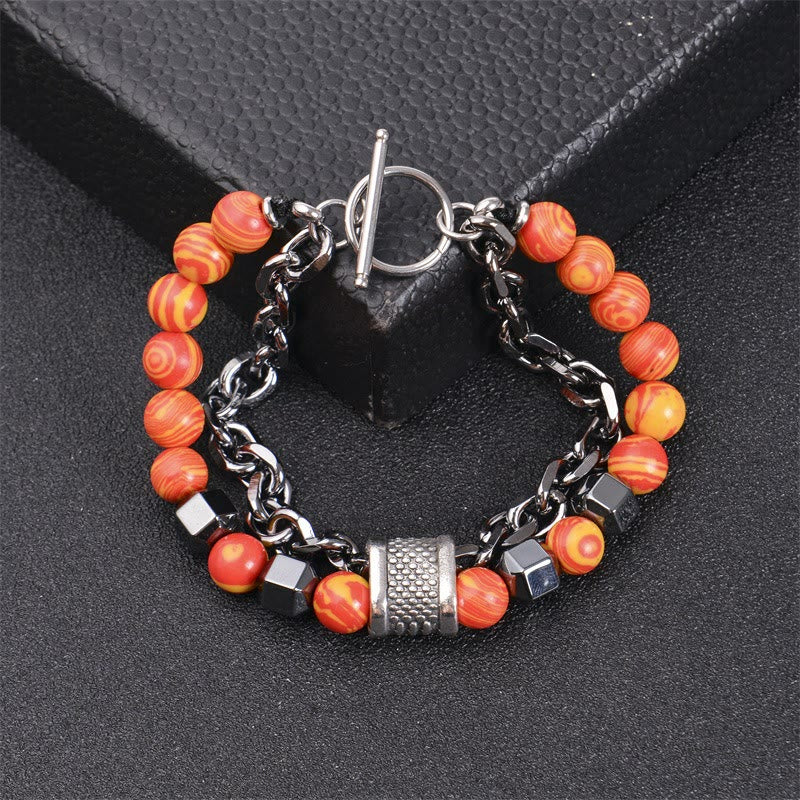 Olivenorma 8mm Malachite Stone Titanium Chain Bracelet - Orange - image 1