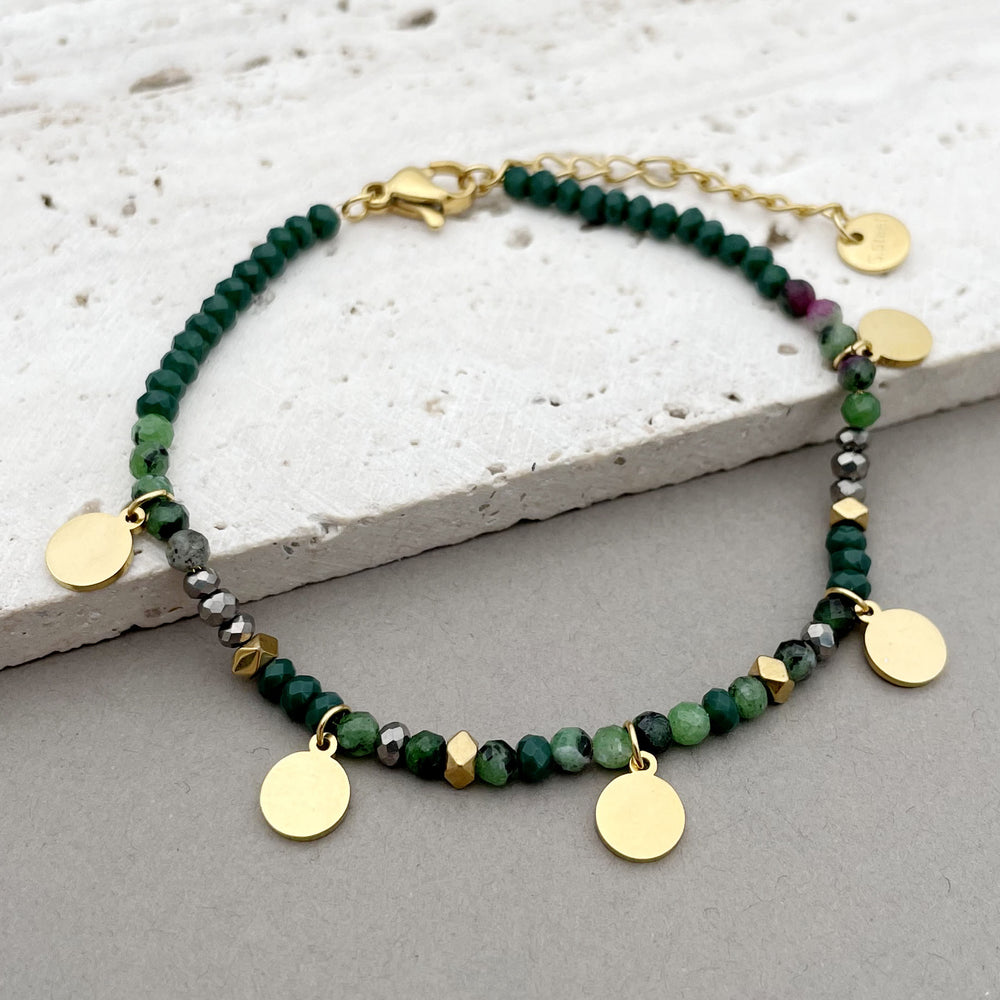 Olivenorma Natural Stone Beaded Titanium Disc Charm Bracelet - Green Aventurine - image 1