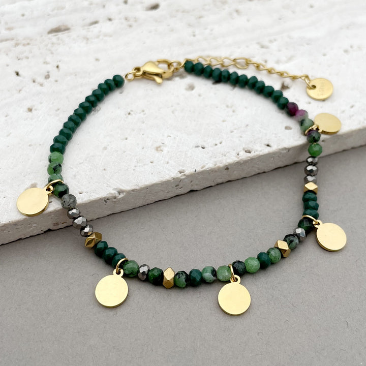 Olivenorma Natural Stone Beaded Titanium Disc Charm Bracelet - Green Aventurine - image 1