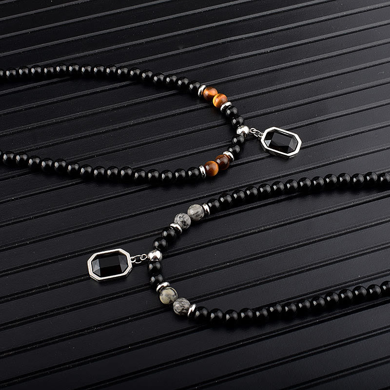 Olivenorma Tiger Eye Obsidian Beaded Men Titanium Steel Necklace - image 13