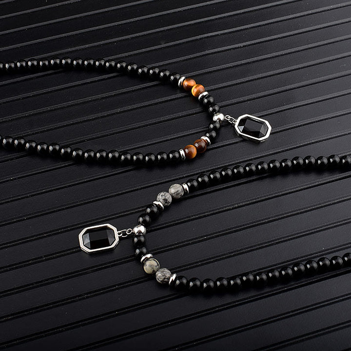 Olivenorma Tiger Eye Obsidian Beaded Men Titanium Steel Necklace - image 13