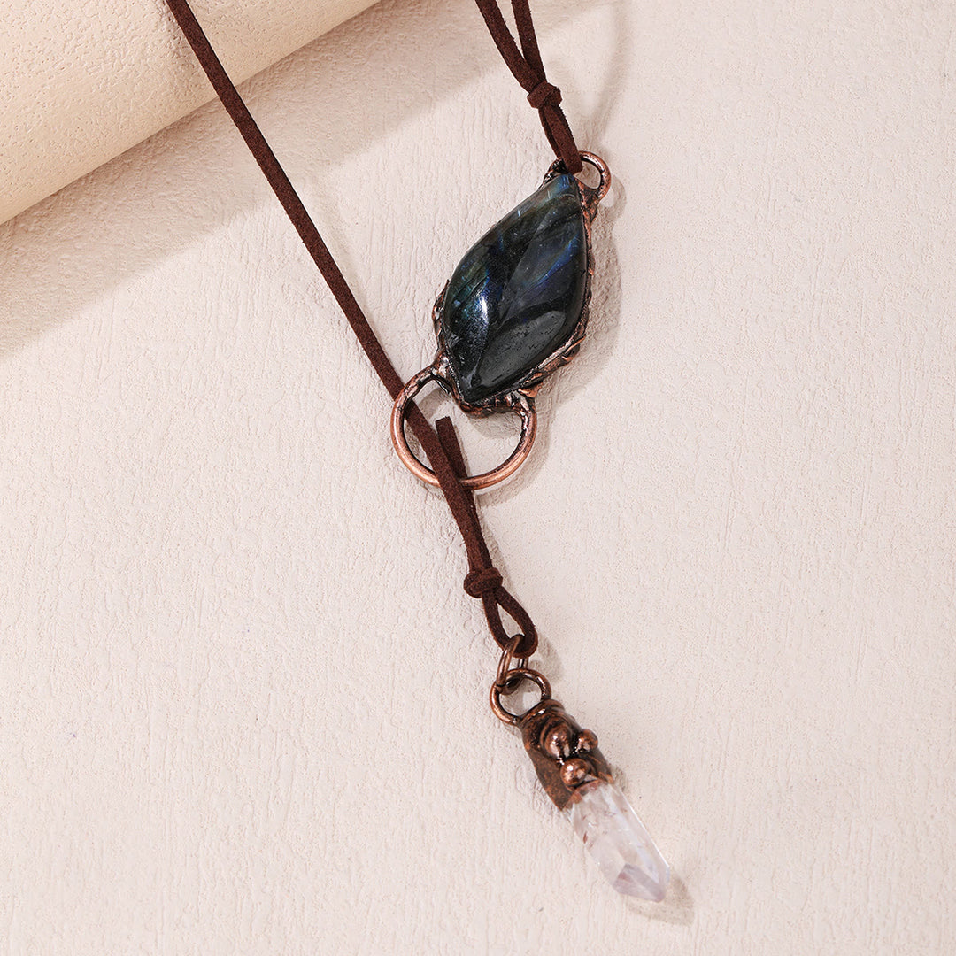 OlivenormaNatural Rough Stone Irregular Pendant Leather Rope Necklace - Labradorite&Clear Quartz - image 0