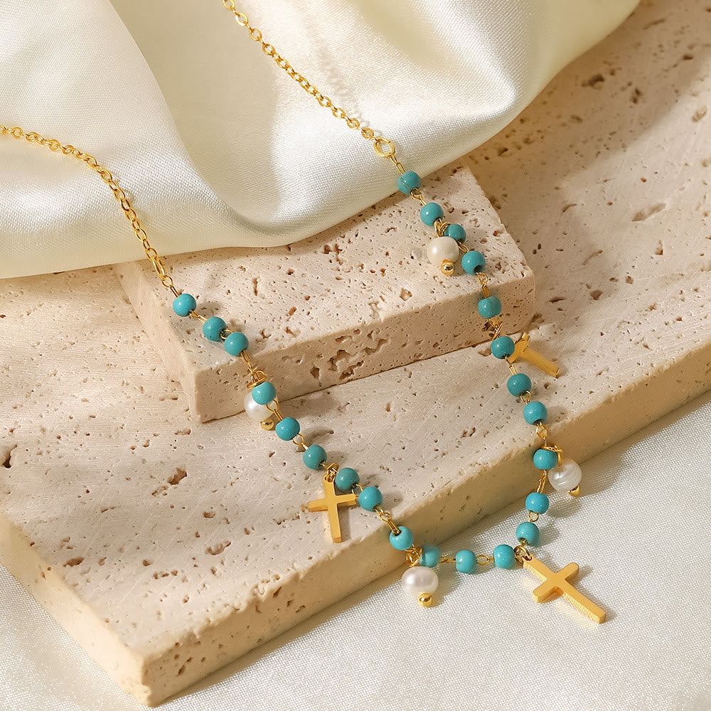 Olivenorma Turquoise Pearl Cross Pendant Tassel Necklace - image 4