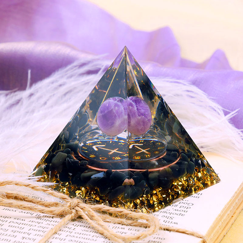 Olivenorma Amethyst Sphere With Obsidian Zodiac Sagittarius Orgone Pyramid - image 2