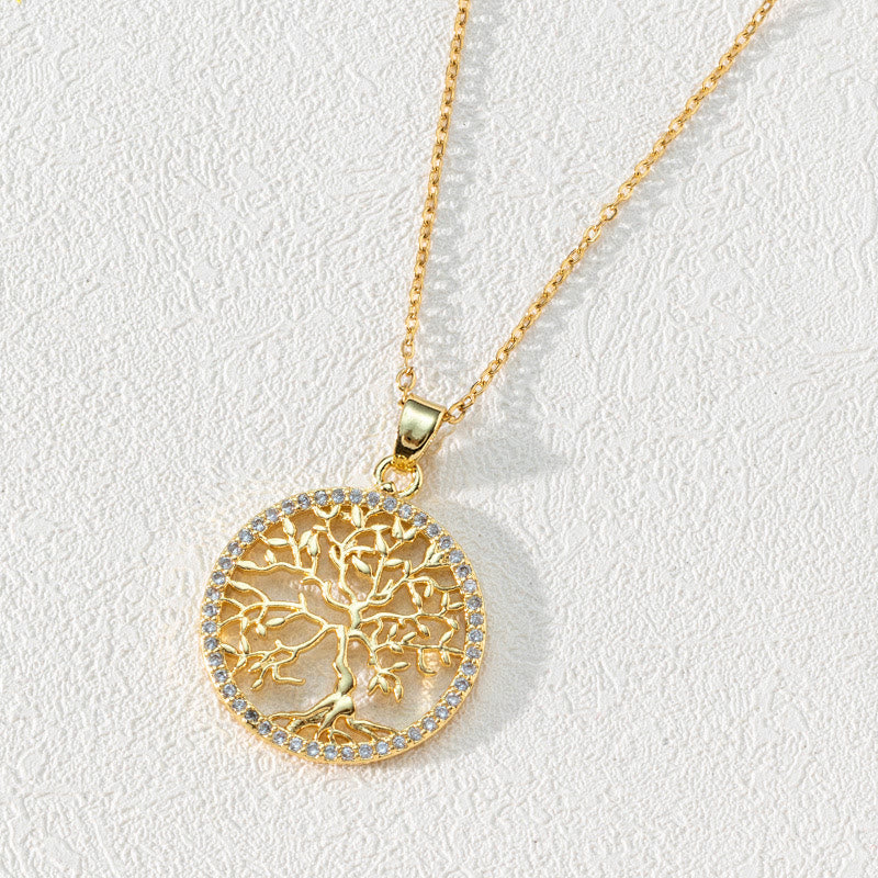 Olivenorma Zircon Round Hollow Tree of Life Pendant Clavicle Necklace - Round White Zircon & Tree of Life - image 0