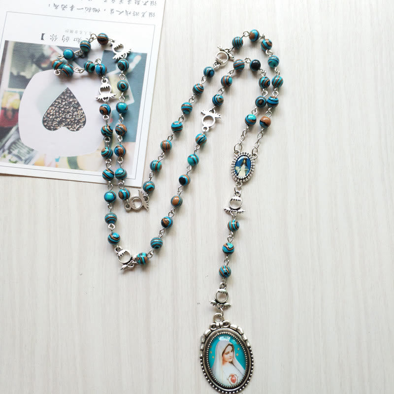 Olivenorma Azurite Malachite Lady Holy Medal Pendant Rosary Necklace - image 2