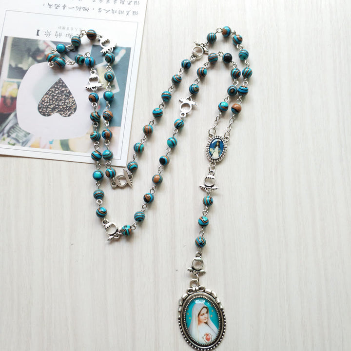 Olivenorma Azurite Malachite Lady Holy Medal Pendant Rosary Necklace - image 2