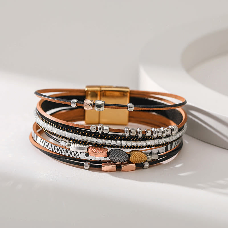 Olivenorma Hematite White Zircon Leaf Tiered Leather Bracelet - image 11