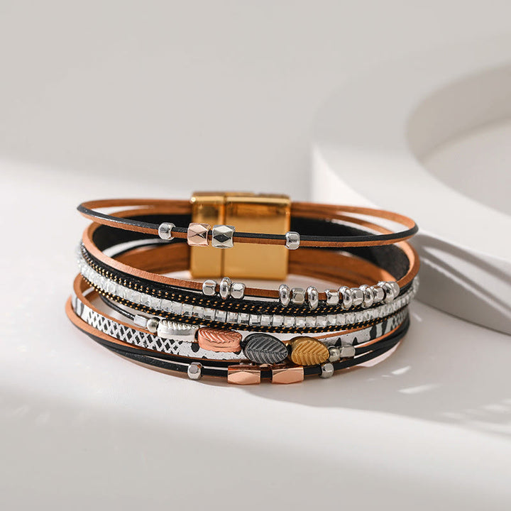 Olivenorma Hematite White Zircon Leaf Tiered Leather Bracelet - image 11