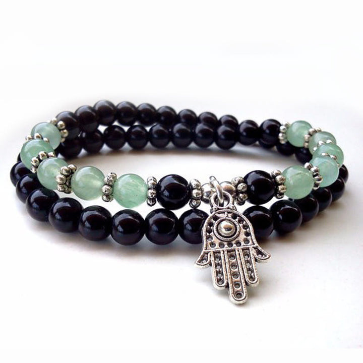 Olivenorma 6mm Double Wrap Men Women Hamsa Bracelet Set - Black Onyx&Green Aventurine - image 0