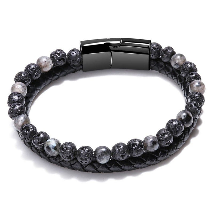Olivenorma Mens Beaded Leather Two Layer Bracelet - Lava Stone&Grey Jasper - 23cm - image 6