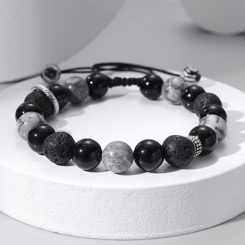 Olivenorma 10mm Grey Jasper Lava Stone Beaded Strap Bracelet - Grey Jasper&Lava Stone - image 0