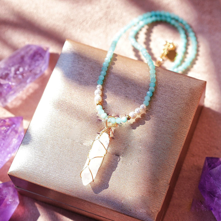 Olivenorma Natural Rough Stone Crystal Column Pendulum Necklace - Clear Crystal&Amazonite - image 6