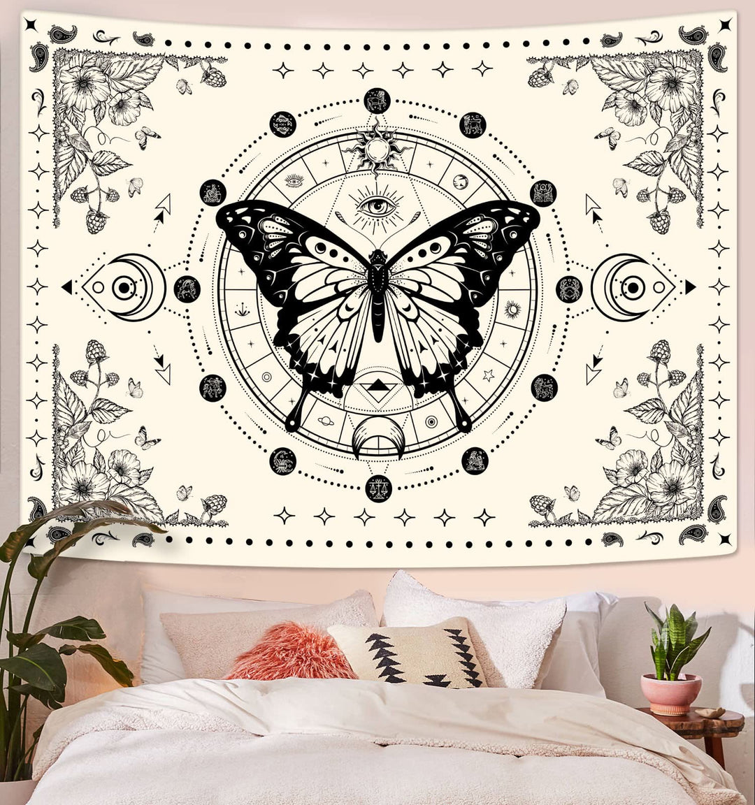 Olivenorma Black Butterfly Moon Flower Beige Tapestry - image 3