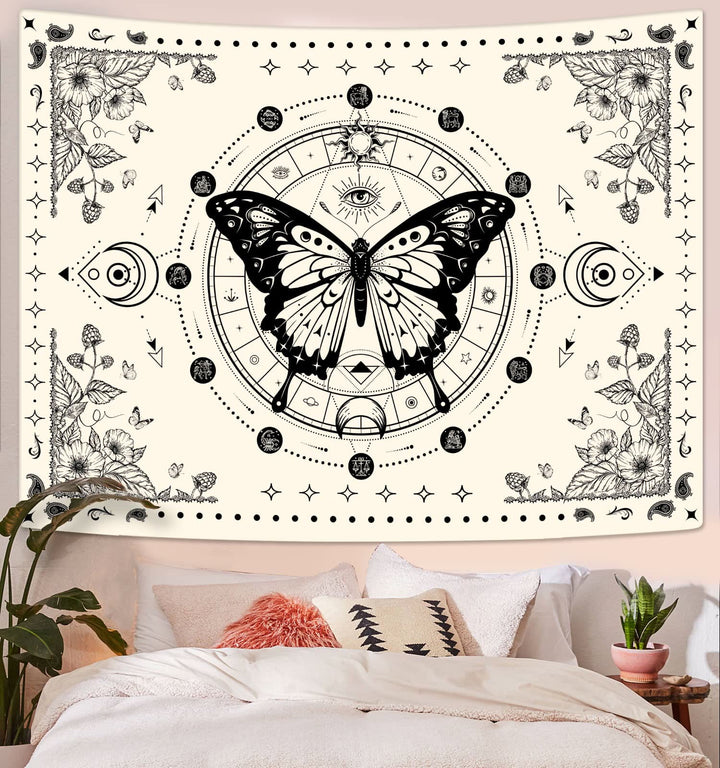 Olivenorma Black Butterfly Moon Flower Beige Tapestry - image 3